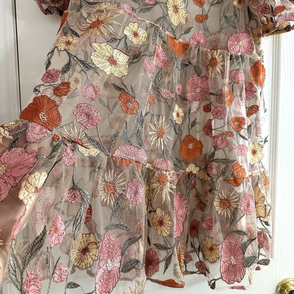 saltwater LUXE Sheer Floral Mini Dress in Pink, Orange, Cream - Picture 4 of 8